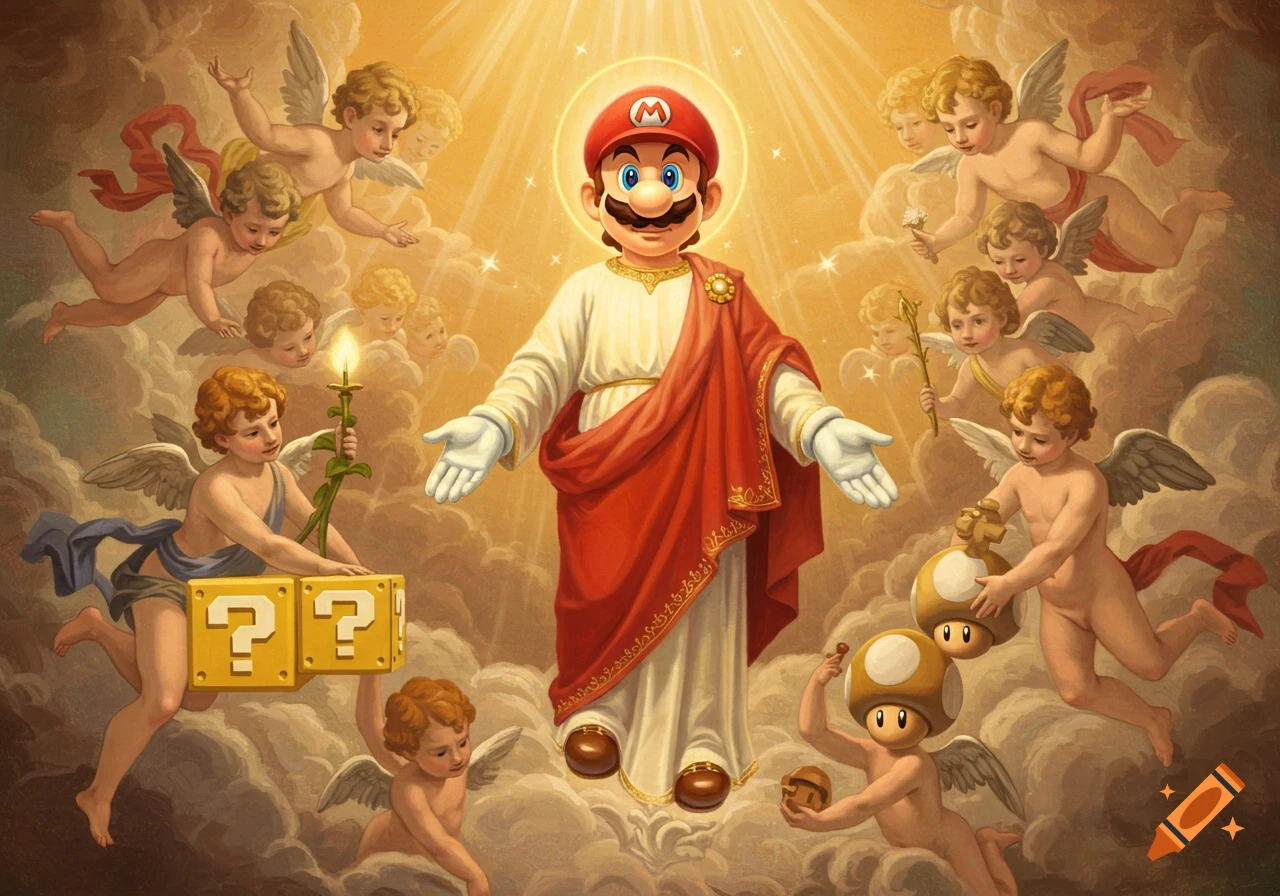 Mario, in white robes and red drape with a halo, stands among cherubs on clouds in classical art style. Cherubs hold question mark blocks and mushrooms.