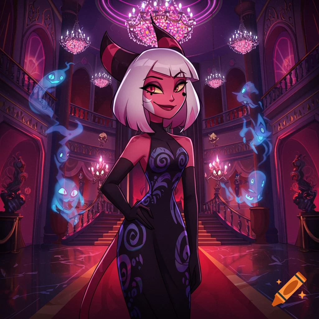 A stylized animated character, a red-skinned demon woman with white hair and horns, in a long dark gown, stands in a grand purple and red gothic-style hall with chandeliers and floating blue ghosts.