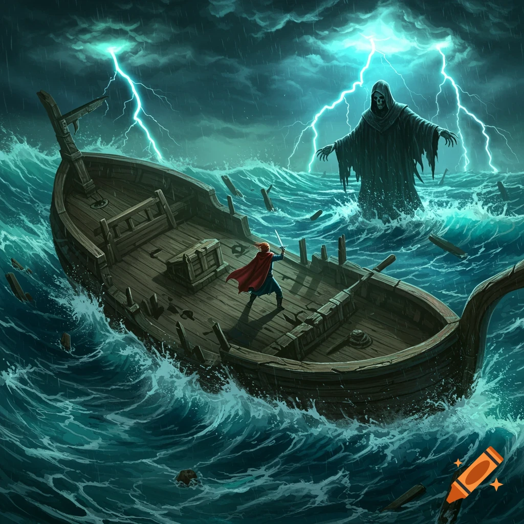 A warrior in a red cape stands on a broken ship in a stormy sea, facing a towering cloaked figure of Death with lightning striking overhead, fantasy art style.