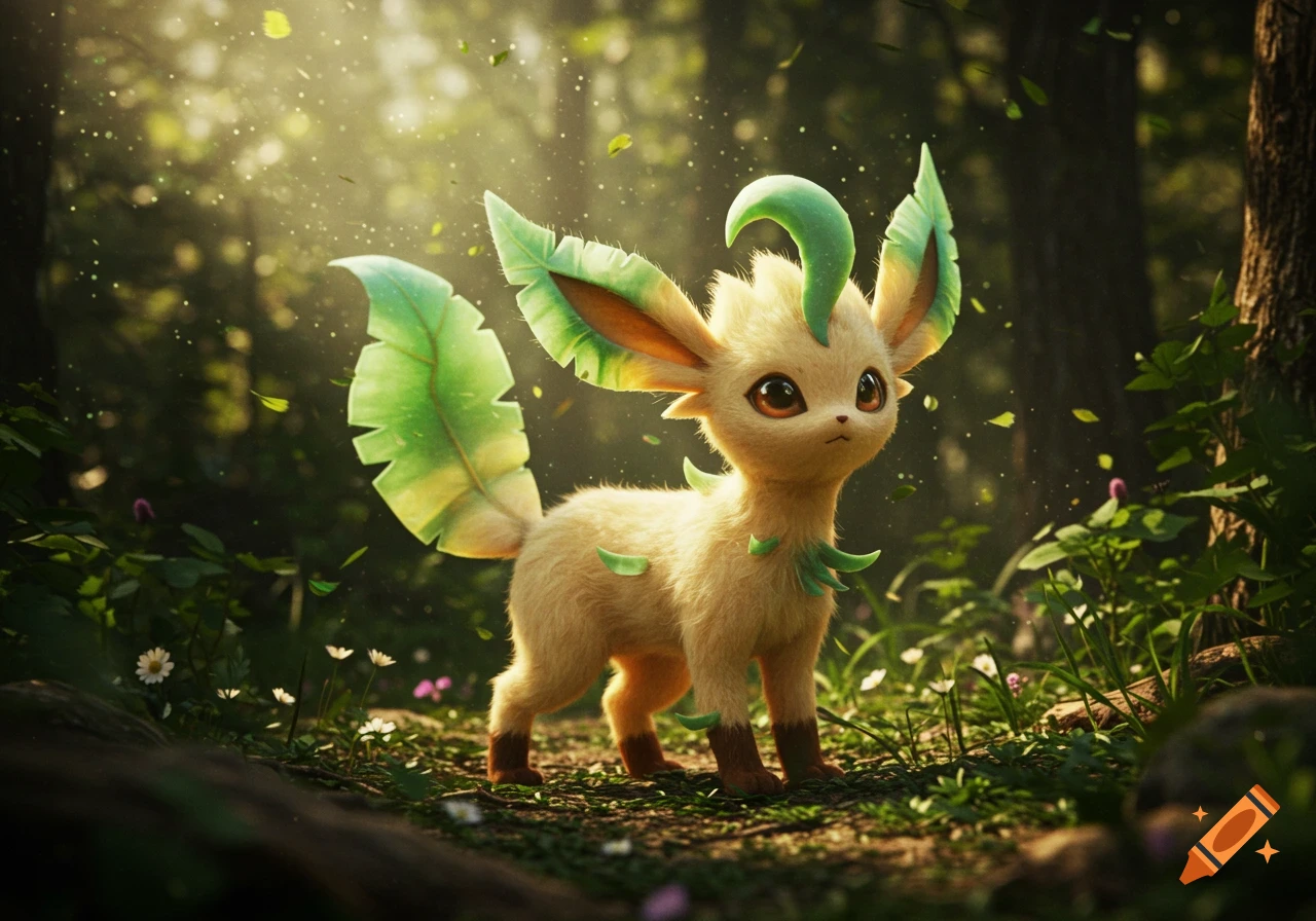 A photorealistic depiction of the Pokemon Leafeon standing in a sunlit forest with leaves falling.