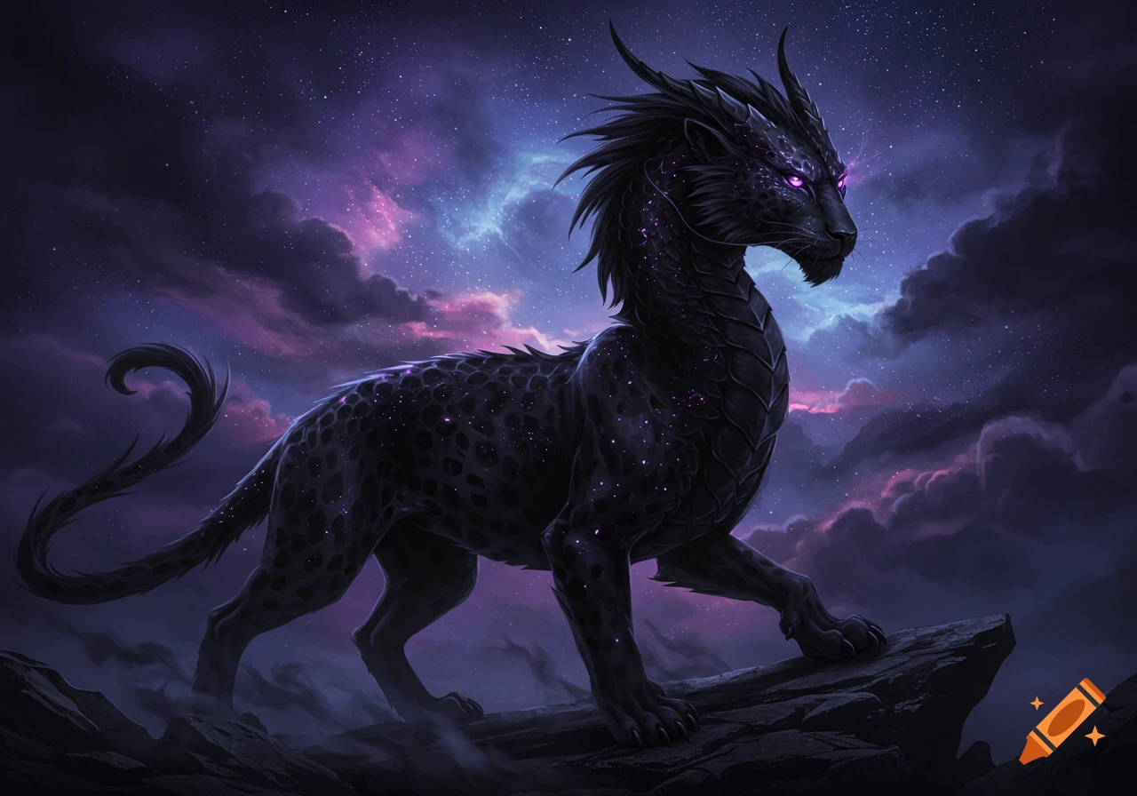 A majestic black mythical creature with purple eyes and glowing fur stands on a rocky cliff under a vibrant starry night sky.