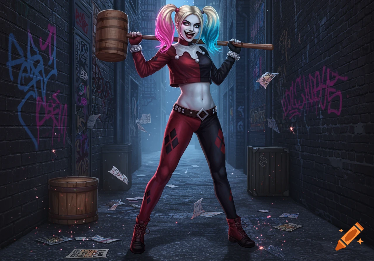 Harley Quinn stands in a dark alley holding a large mallet, in a detailed comic book art style.