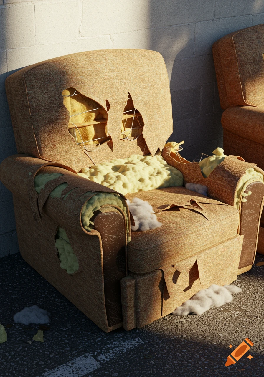A tattered, discarded brown sofa with its foam and wadding exposed leans against a concrete block wall outdoors, lit by harsh sunlight.