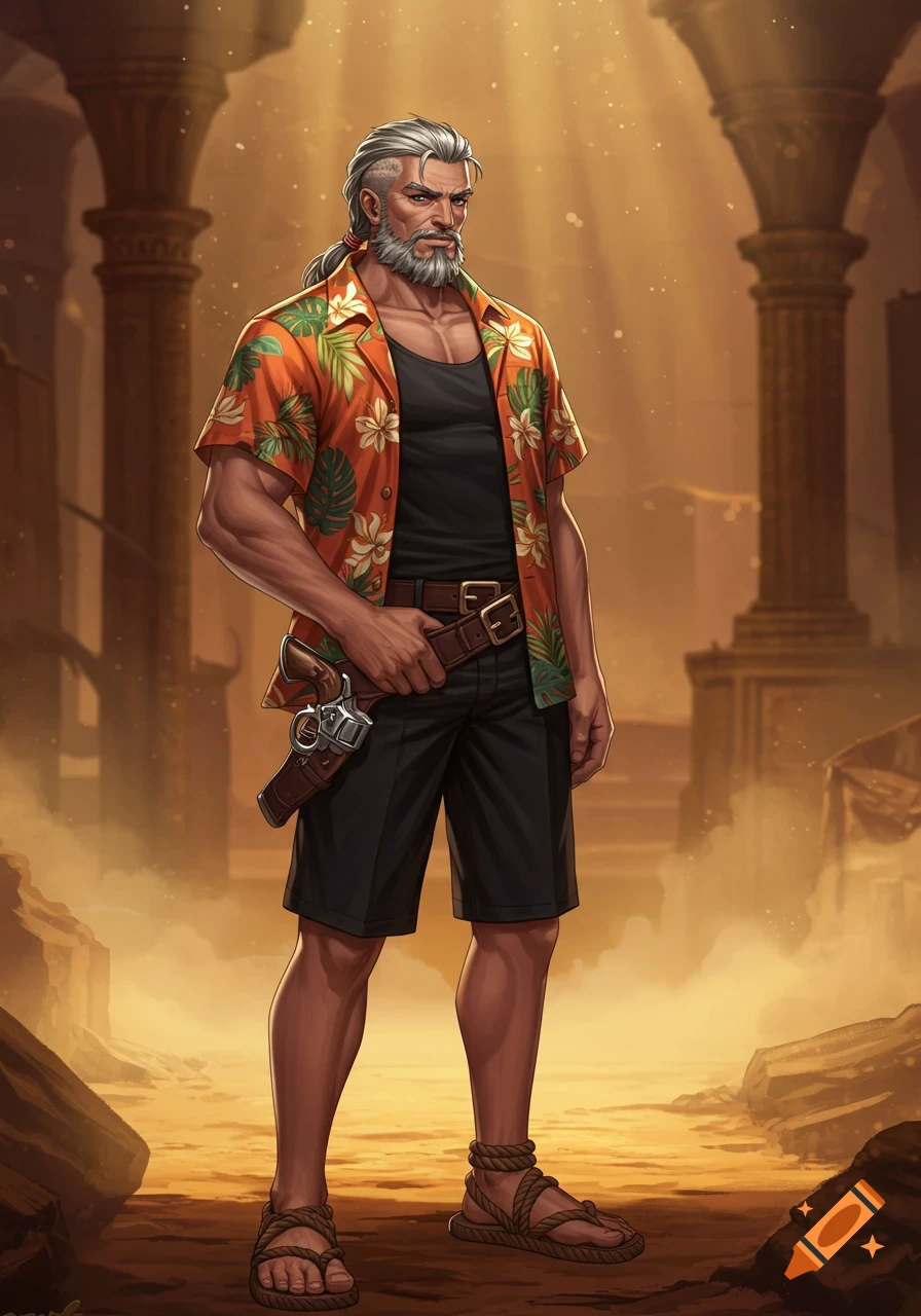 An illustrated man with grey hair and beard, wearing a Hawaiian shirt, shorts, and sandals, standing with a revolver in a desert ruin setting.