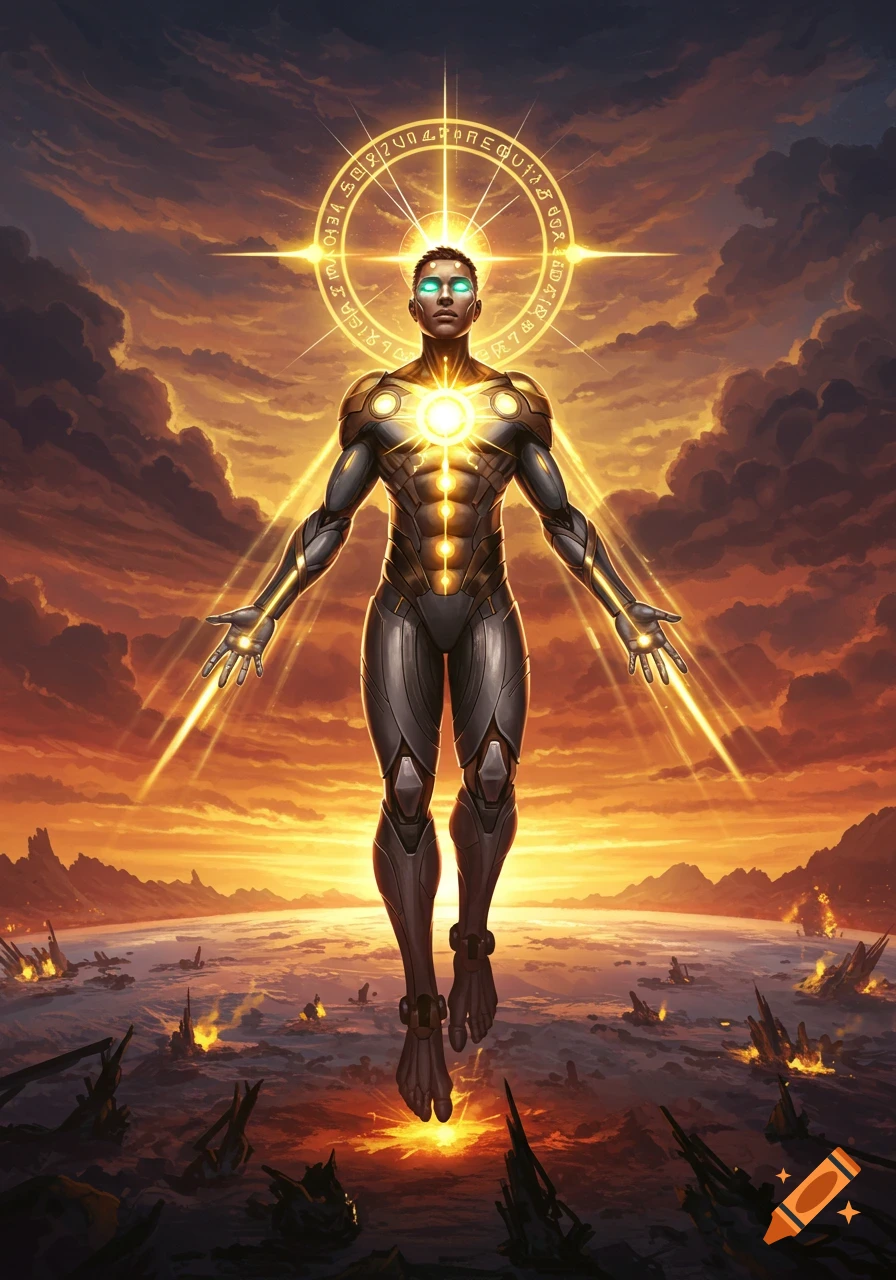 A powerful armored superhero with glowing eyes and a halo levitates over a desolate planet at sunset, radiating light.