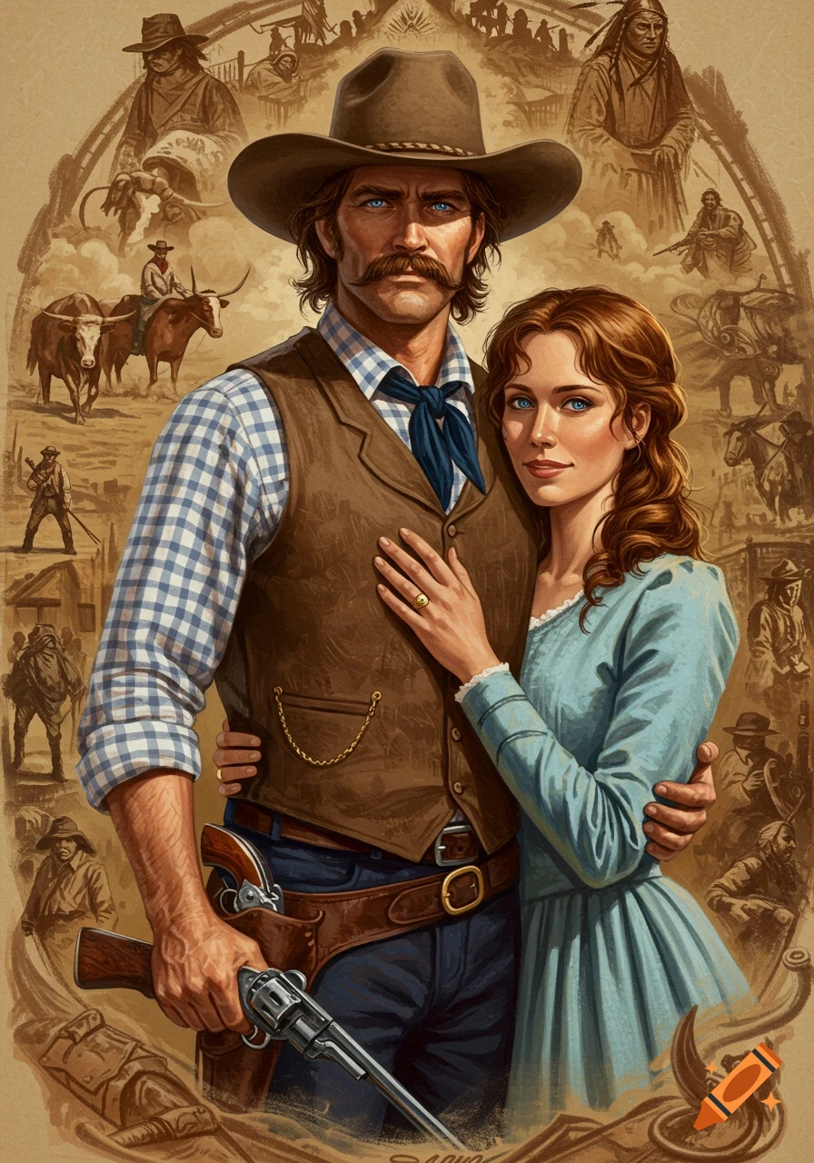 Western illustration of a cowboy and woman embracing, surrounded by sepia vignettes of cattle drives, Native Americans, and gunfights.