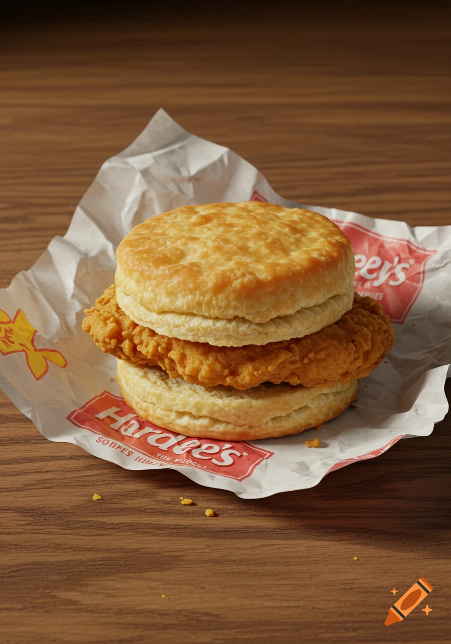 A photorealistic image of a Hardee's fried chicken biscuit on a white wrapper, placed on a wooden table.