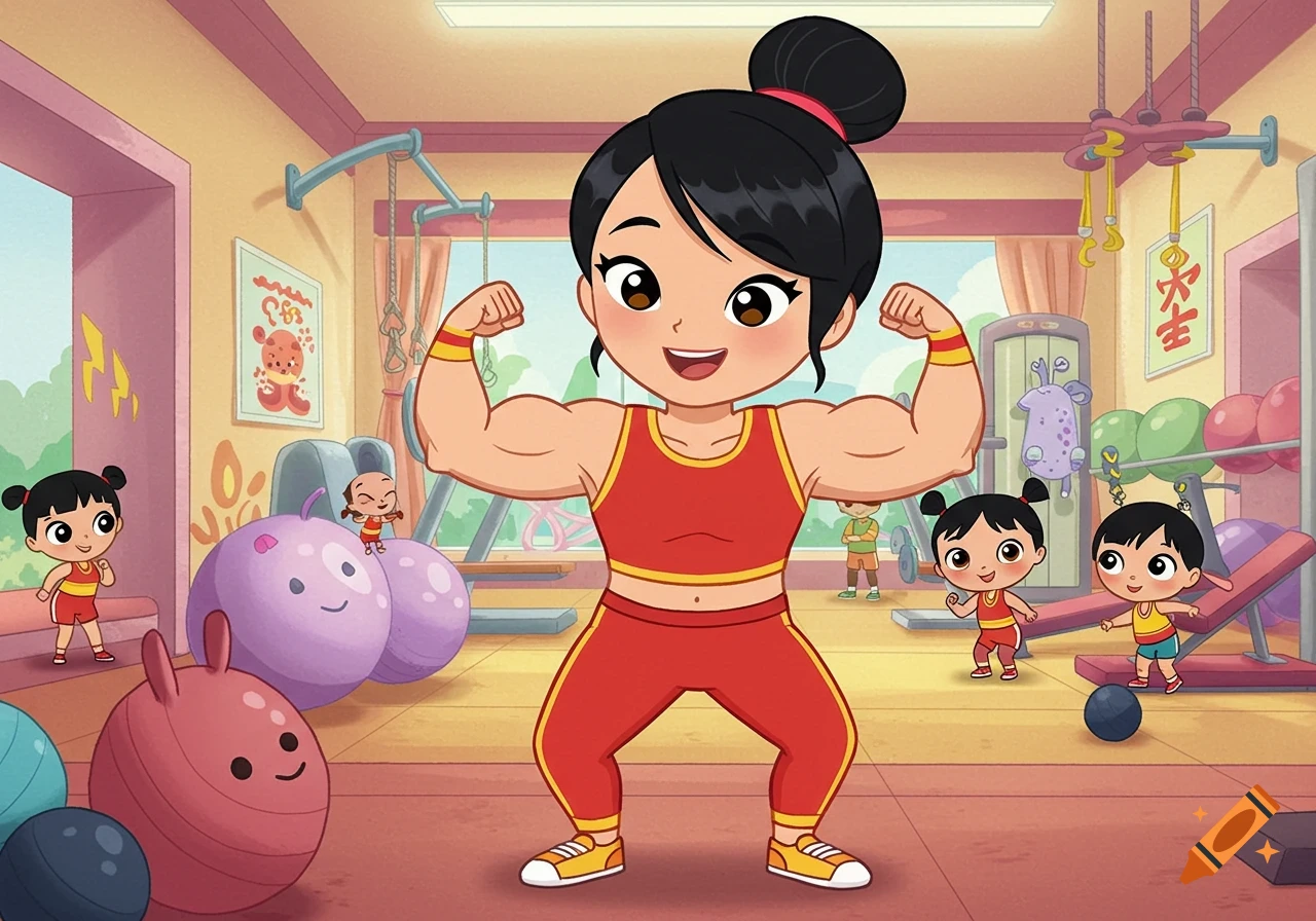 Kai Lan's mommy, a strong Chinese cartoon woman with dark hair in a bun, flexes her muscular arms in a gym, surrounded by cute children and colorful exercise balls.
