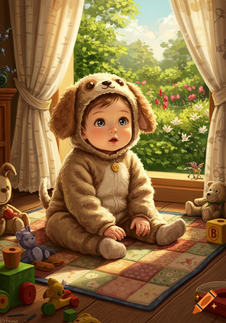 Cute baby in a fluffy brown dog costume sitting on a colorful playmat by a window, looking at a sunlit garden.