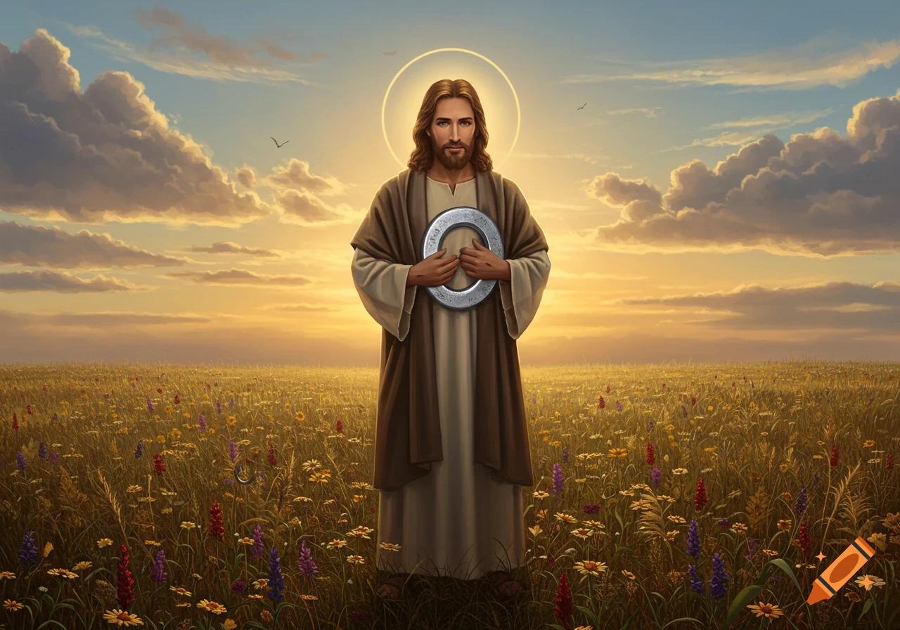 Jesus, with a halo, stands in a vibrant wildflower field at sunset, holding a metallic ring. Photorealistic.