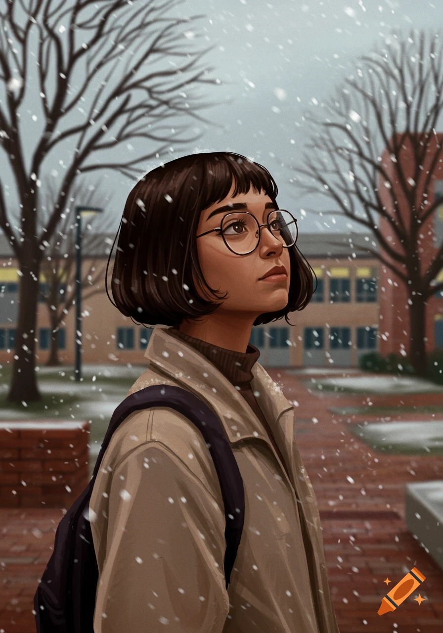 An illustration of a young woman with short hair and glasses looking up as snow falls, standing outside a building.