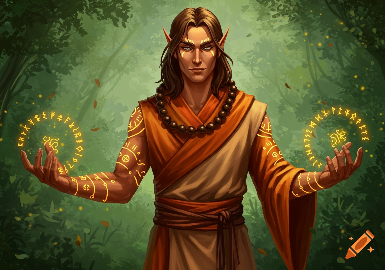 A male elf in orange and tan monk robes stands in a forest, his arms and hands adorned with glowing golden runes and mystical energy.