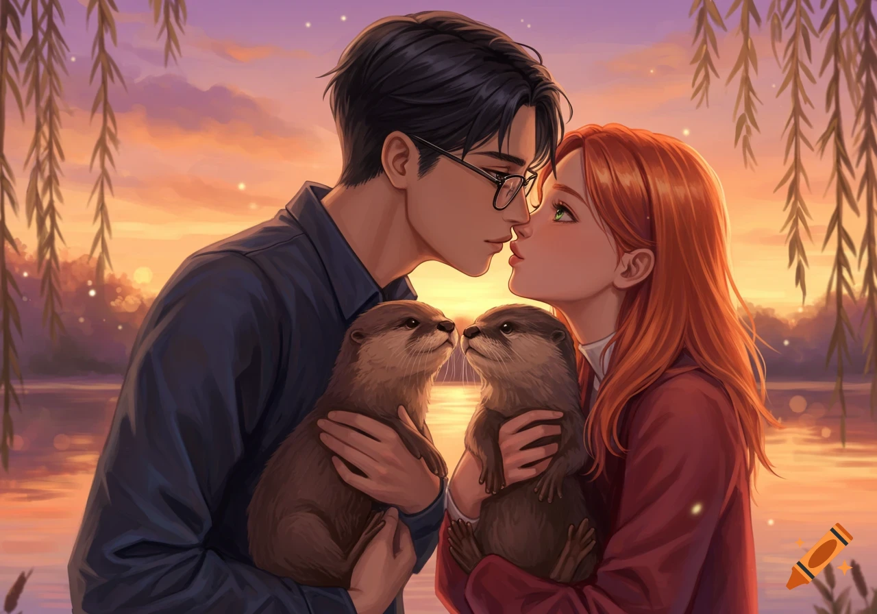 Anime couple about to kiss at sunset, each holding a small otter, with willow branches overhead.
