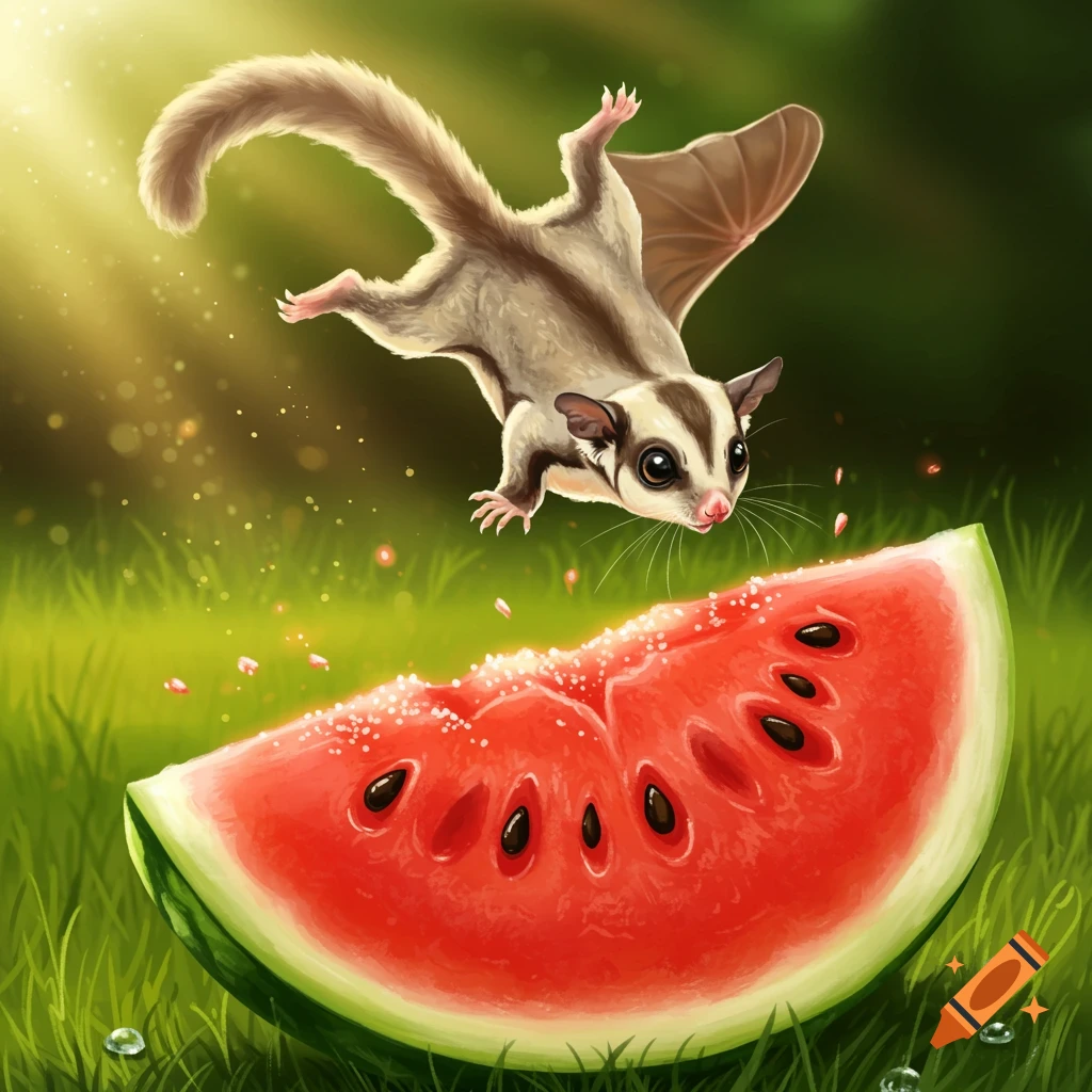Digital art of a sugar glider jumping above a slice of watermelon on sunny grass.