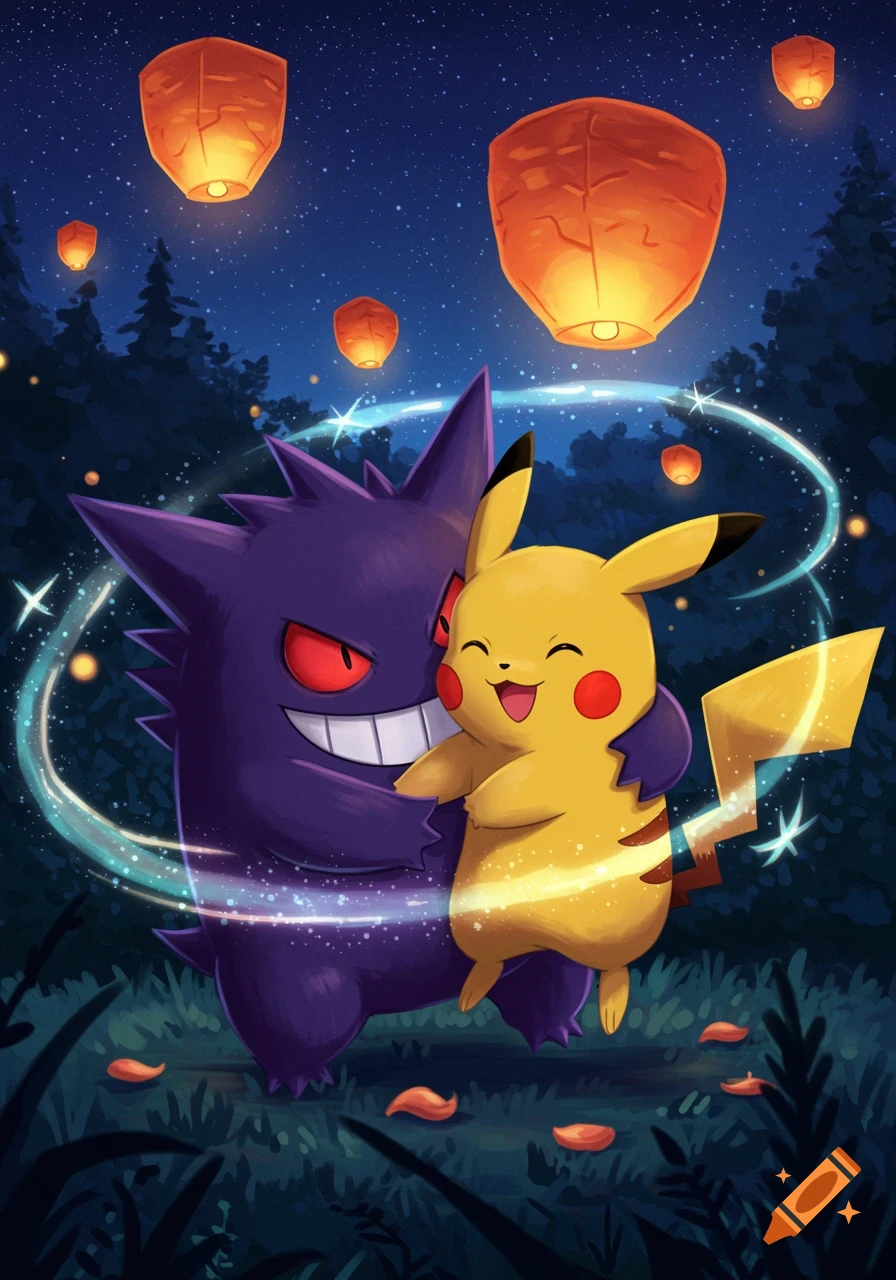 An illustration of purple Gengar hugging yellow Pikachu in a dark forest at night, with orange sky lanterns floating above.