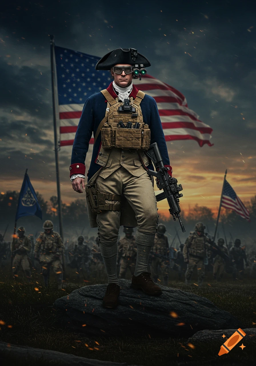 A Revolutionary War soldier in modern tactical gear stands on a rock on a battlefield with flags.