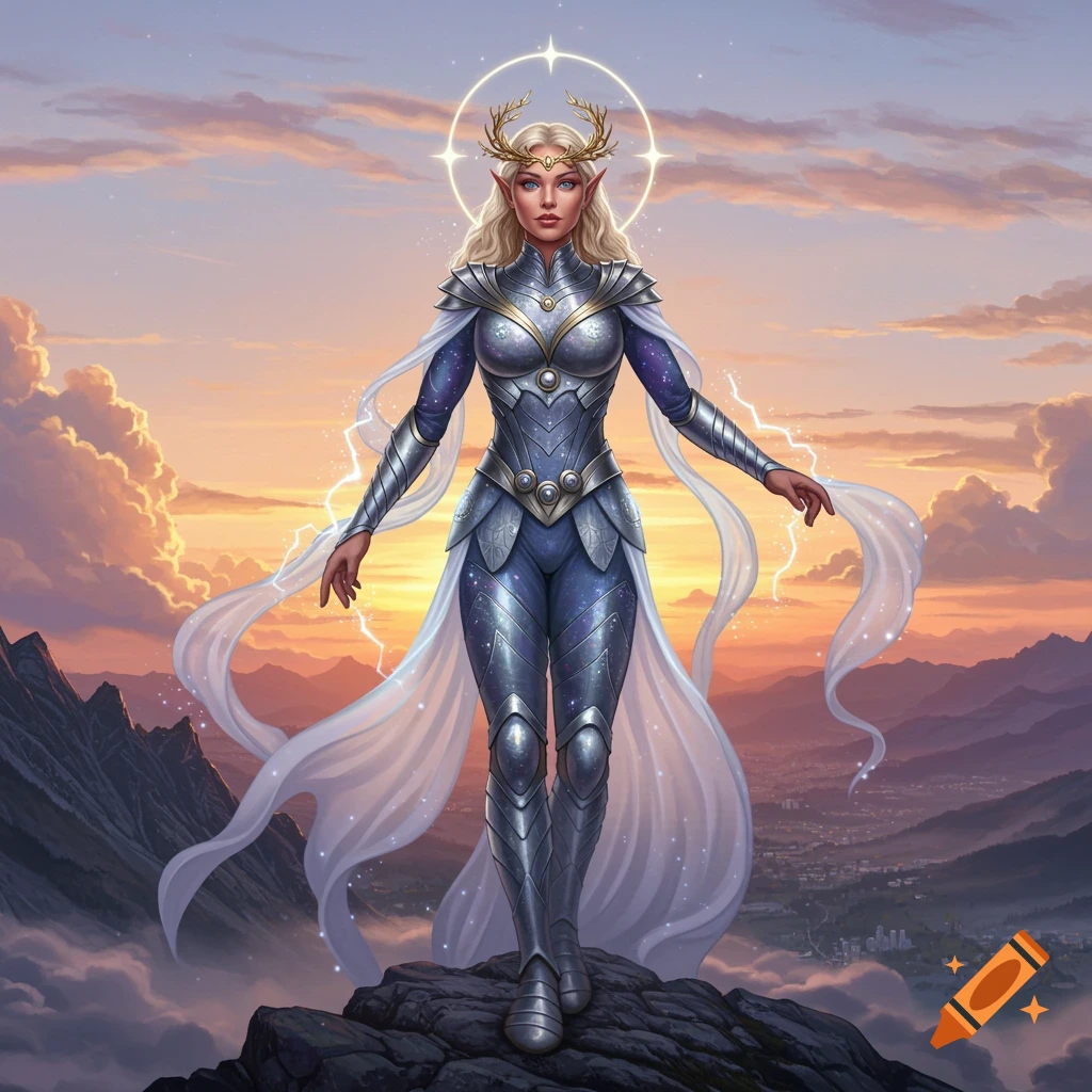 Blonde elf-like goddess in silver and blue armor with antler crown and halo, standing on a mountain at sunset.