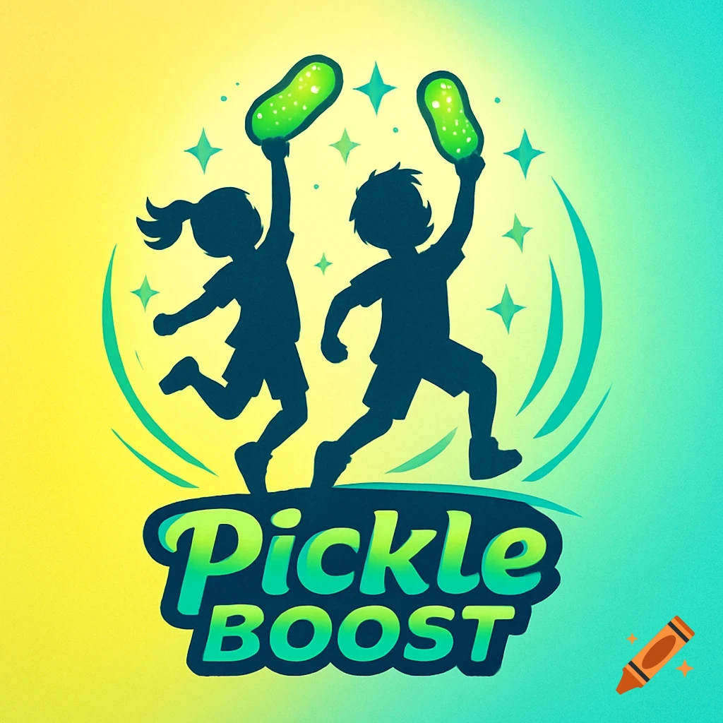 Logo featuring silhouetted children jumping with pickles on a yellow and teal background, with 'Pickle BOOST' text.