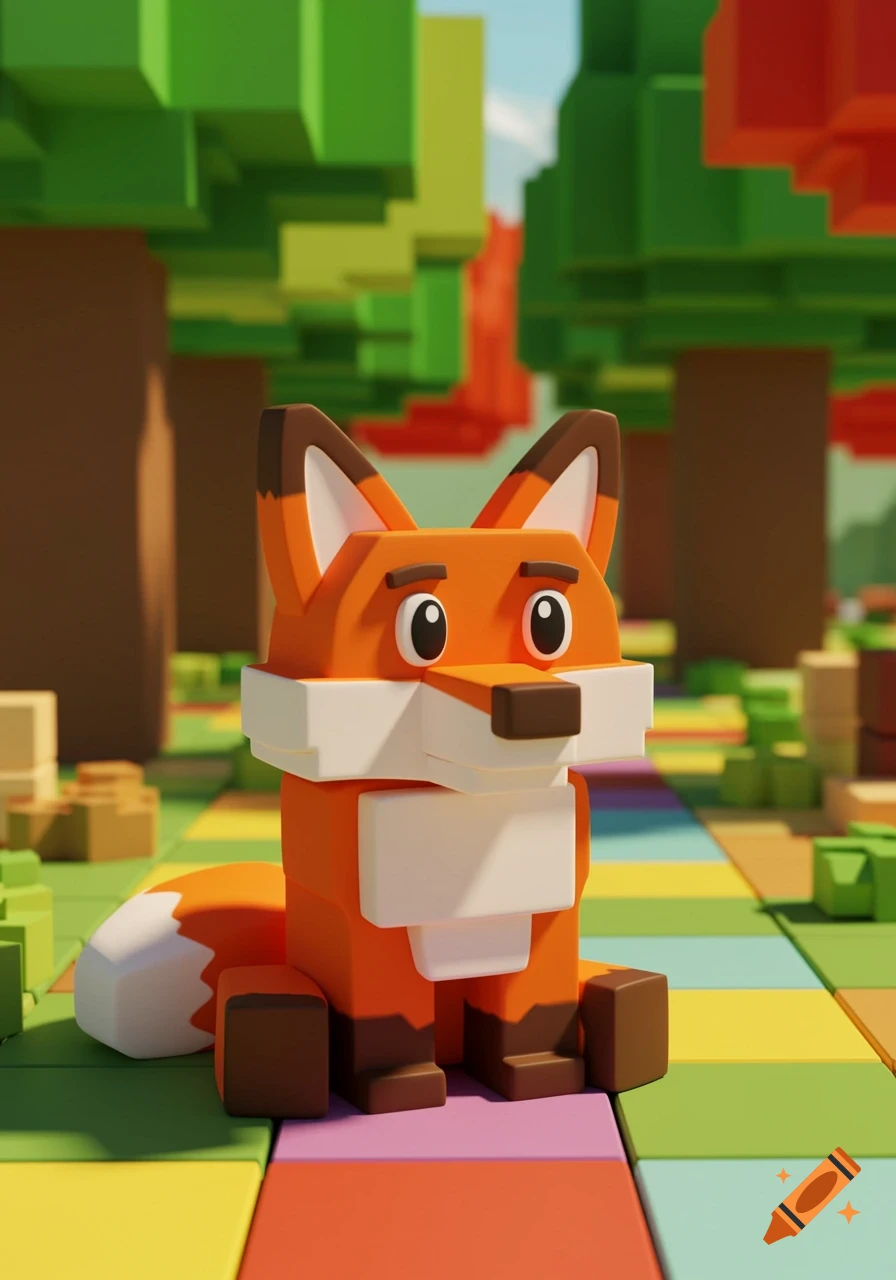 A blocky, orange fox with white and brown features sits on a colorful tiled path in a blocky forest, rendered in a Roblox-like style.