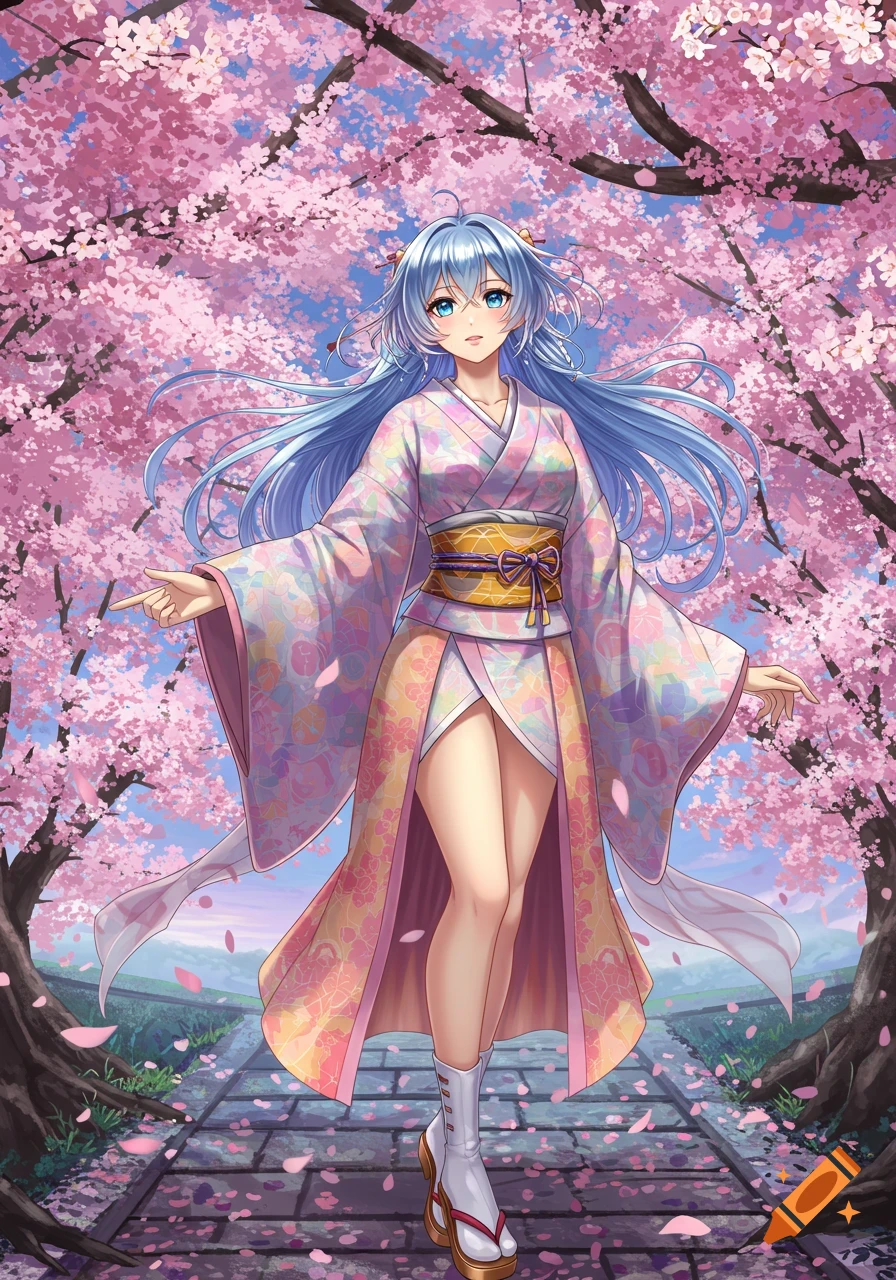 An anime woman in a pastel kimono stands under blooming cherry blossom trees on a stone path.