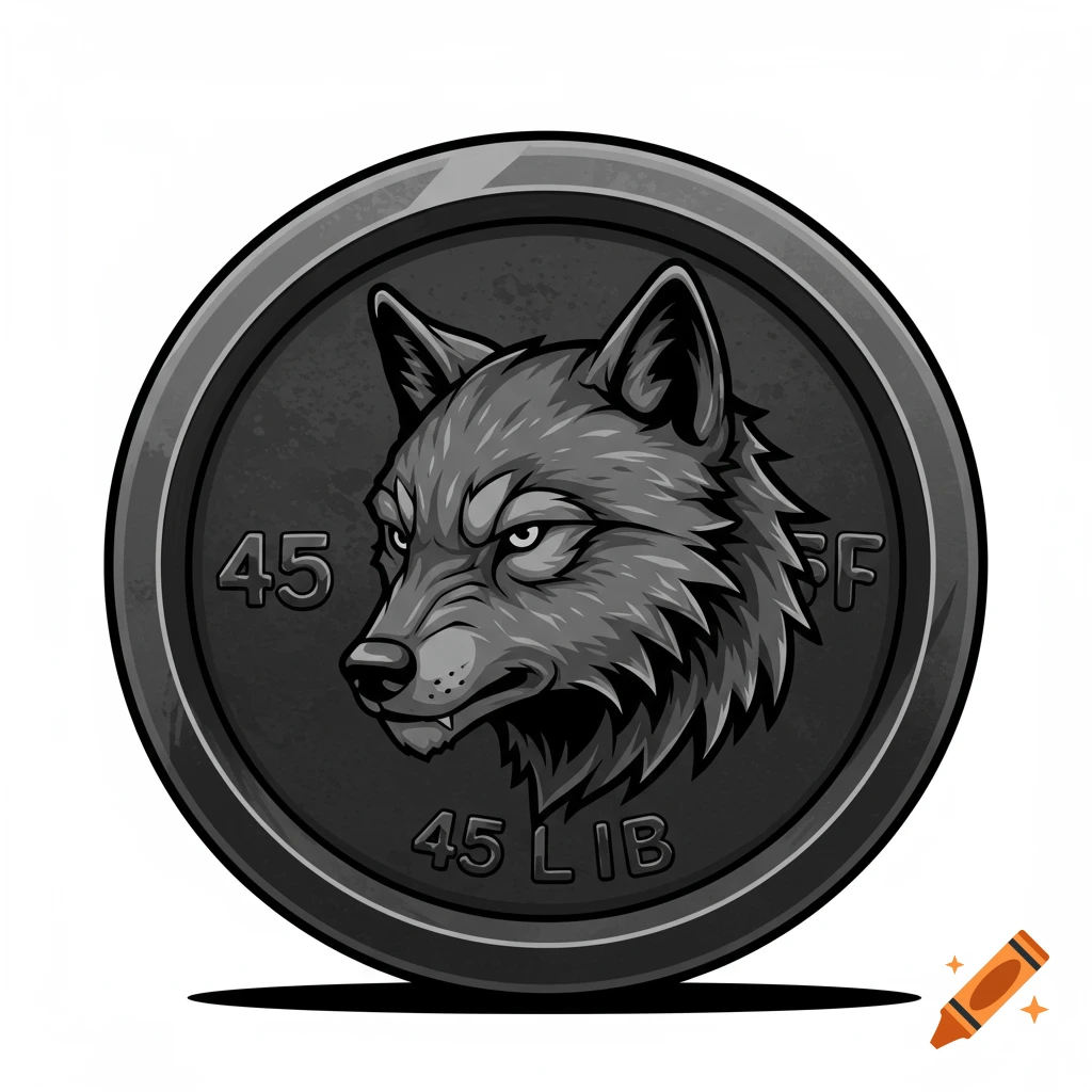 A stylized grey wolf head on a black weight plate with "45" and "45 LIB" text.