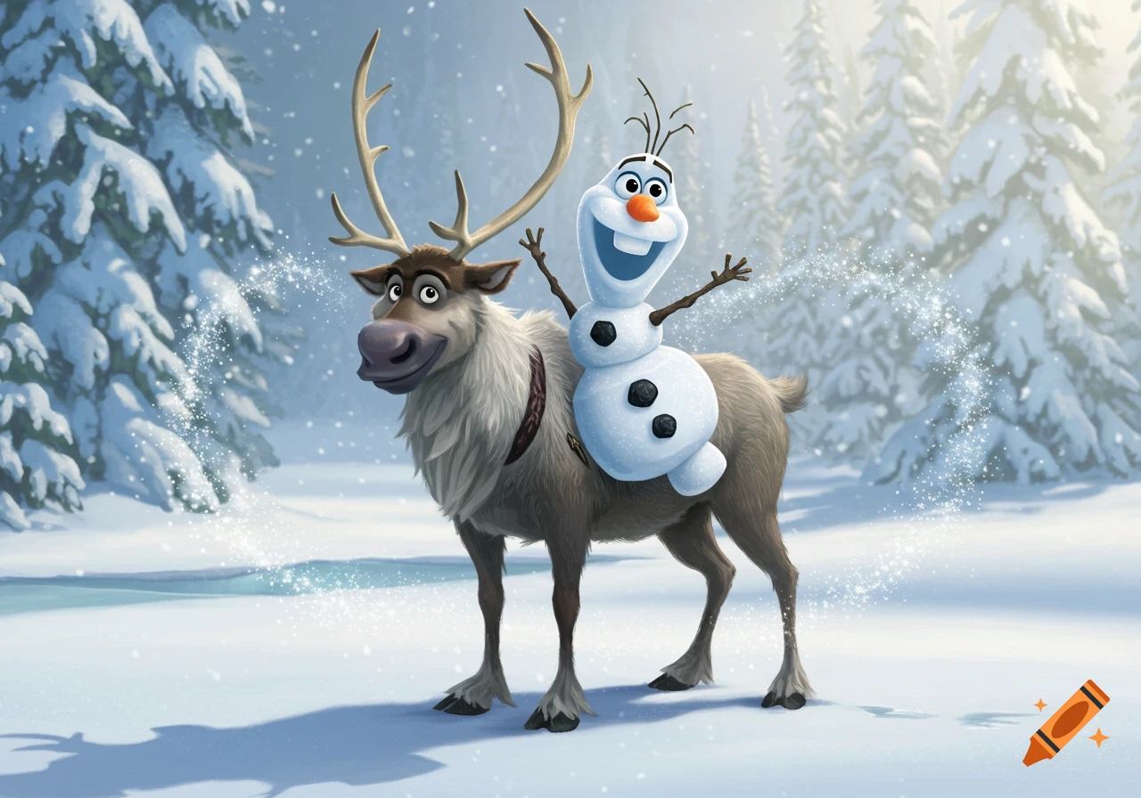 Sven the reindeer carrying Olaf the snowman on his back in a snowy winter forest, animated style.