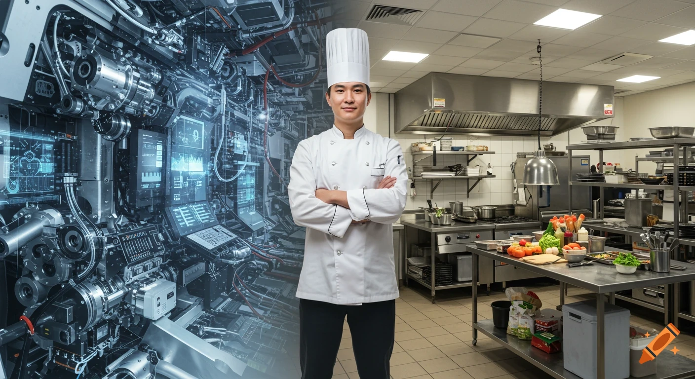A male chef in uniform stands with crossed arms, the right side of the image showing a kitchen, and the left side transitioning into complex industrial machinery with screens.