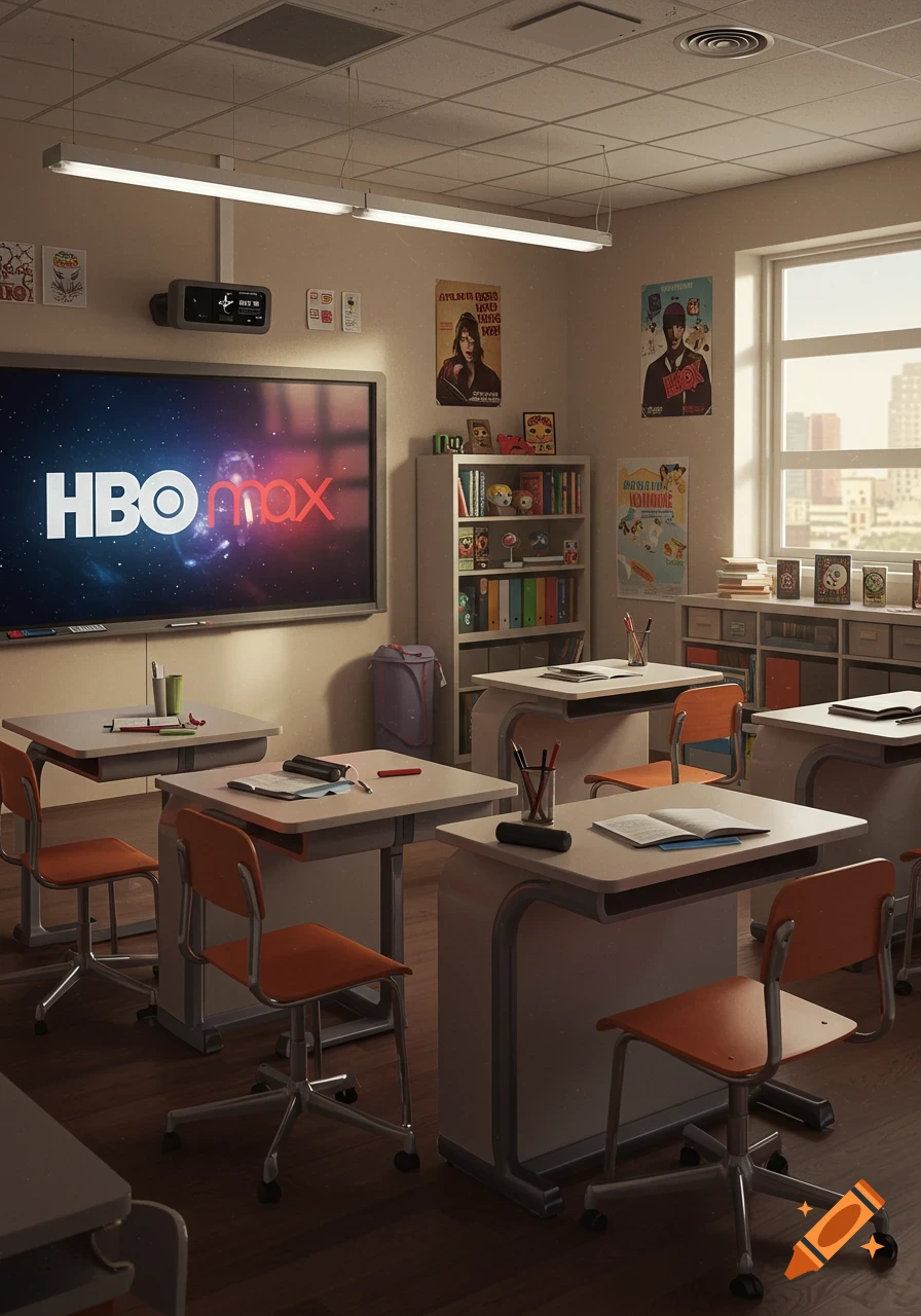A photorealistic image of a school classroom with desks and chairs. A large screen at the front displays the HBO Max logo.