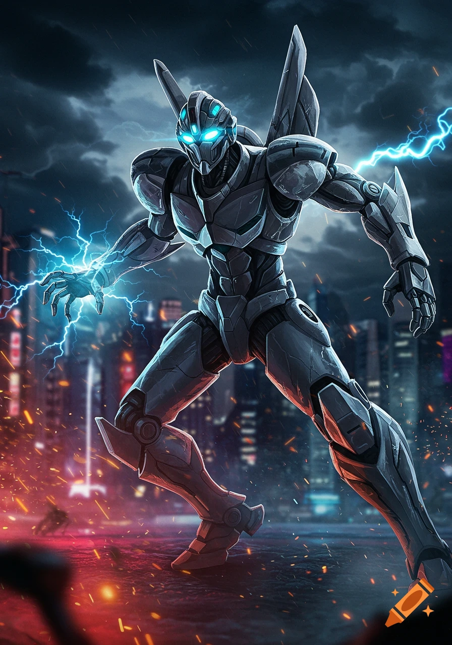 A powerful grey anime-style robot with glowing blue eyes and lightning crackling around its hands, stands in a cityscape at dusk.