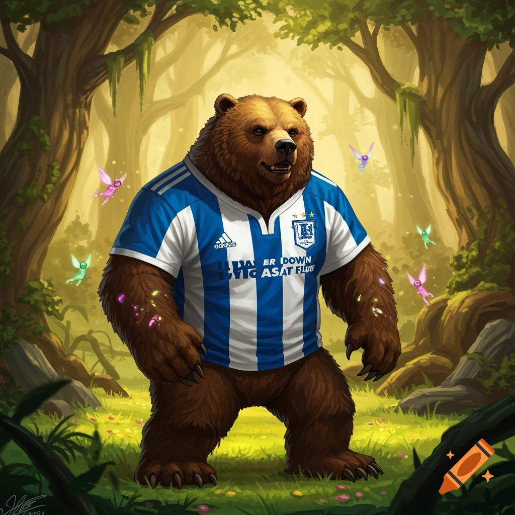 A brown bear in a blue and white striped football shirt stands in a sunlit forest with small glowing creatures flying around it, in a fantasy art style.