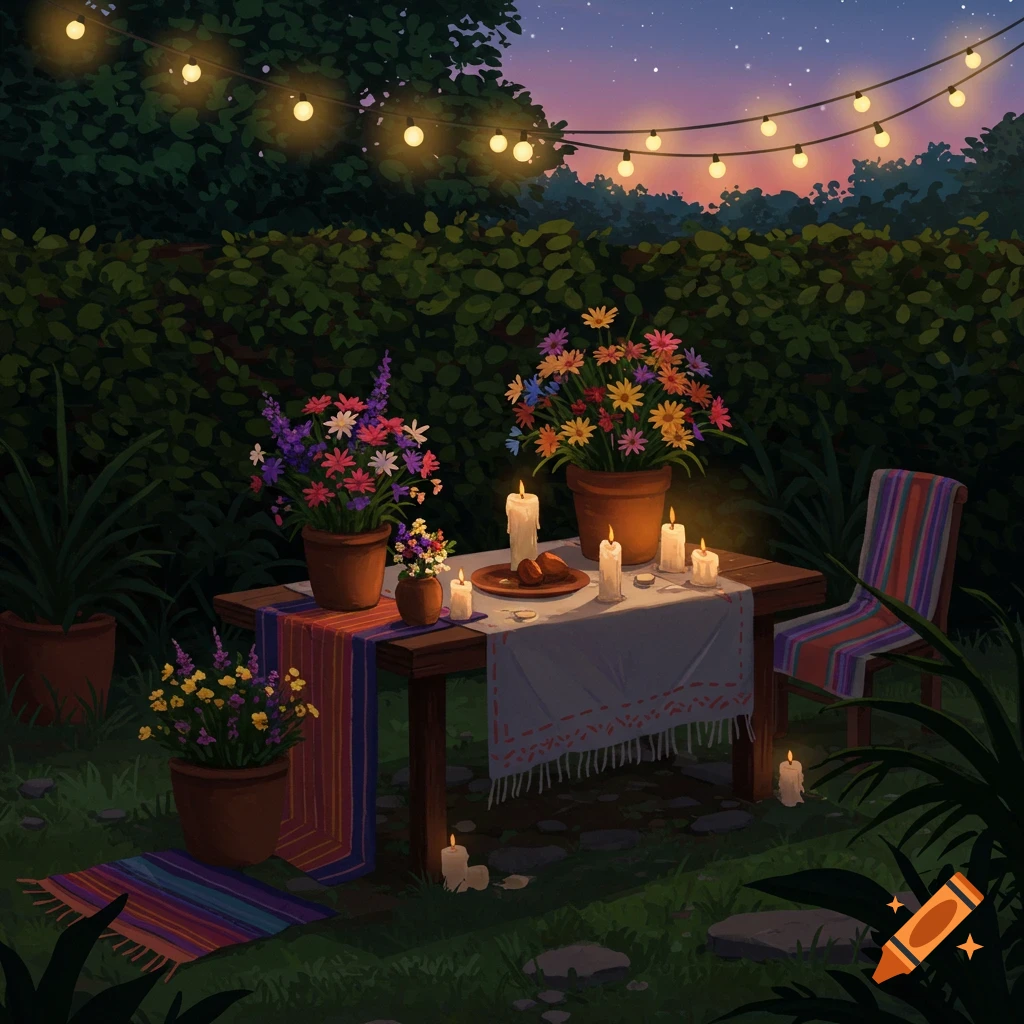 A cozy backyard night scene with a table set with candles and flowers, illuminated by string lights.