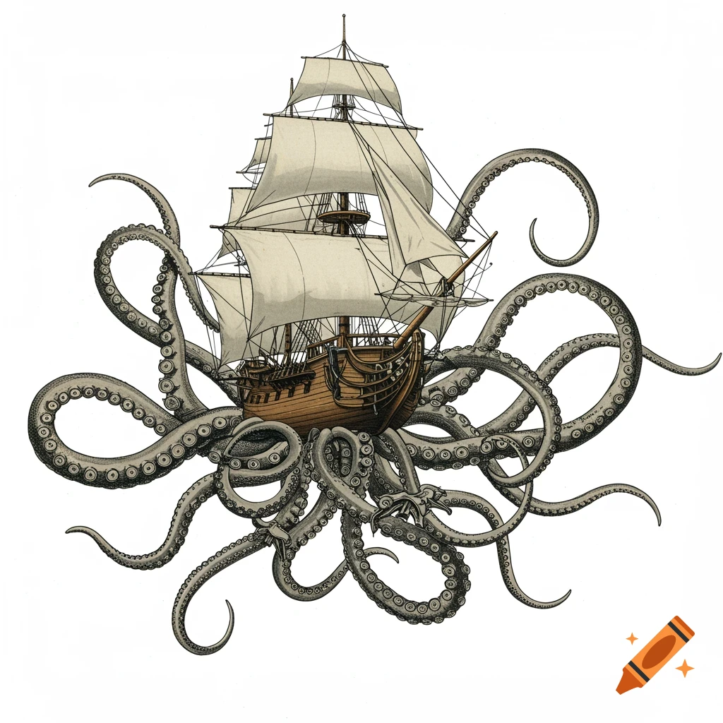 A vintage ship enveloped by mechanical tentacles, depicted in a hyper-detailed 90s scientific textbook illustration style.