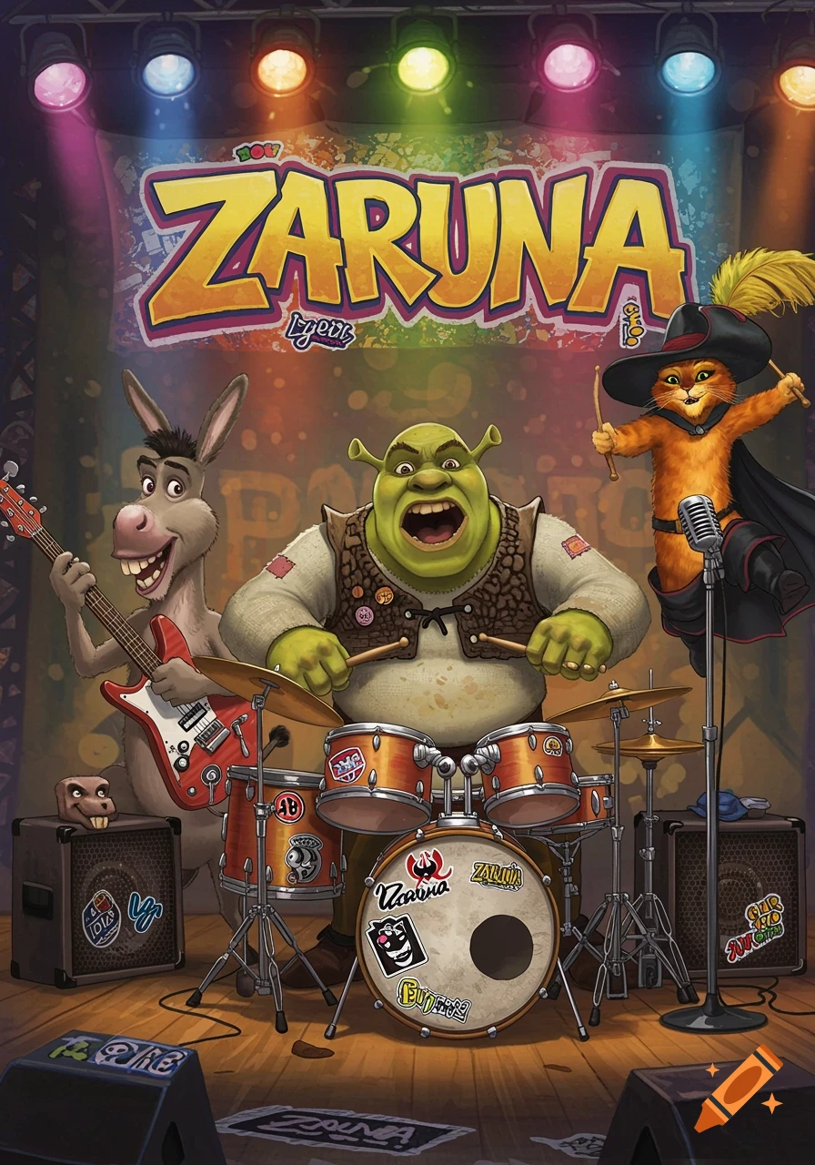 Shrek playing drums, Donkey playing guitar, and Puss in Boots singing into a microphone on a brightly lit stage. A large banner behind them reads 'ZARUNA'.
