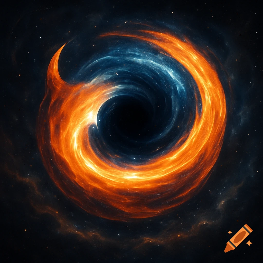 Stylized cosmic vortex with swirling orange and blue energy, resembling a black hole with an accretion disk.