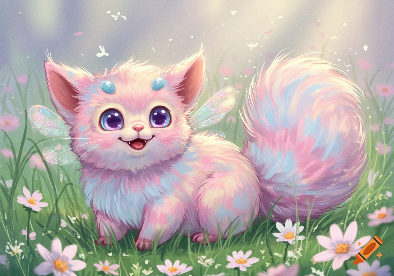 A cute, fluffy pink and blue creature with large purple eyes and delicate wings smiles in a field of flowers.