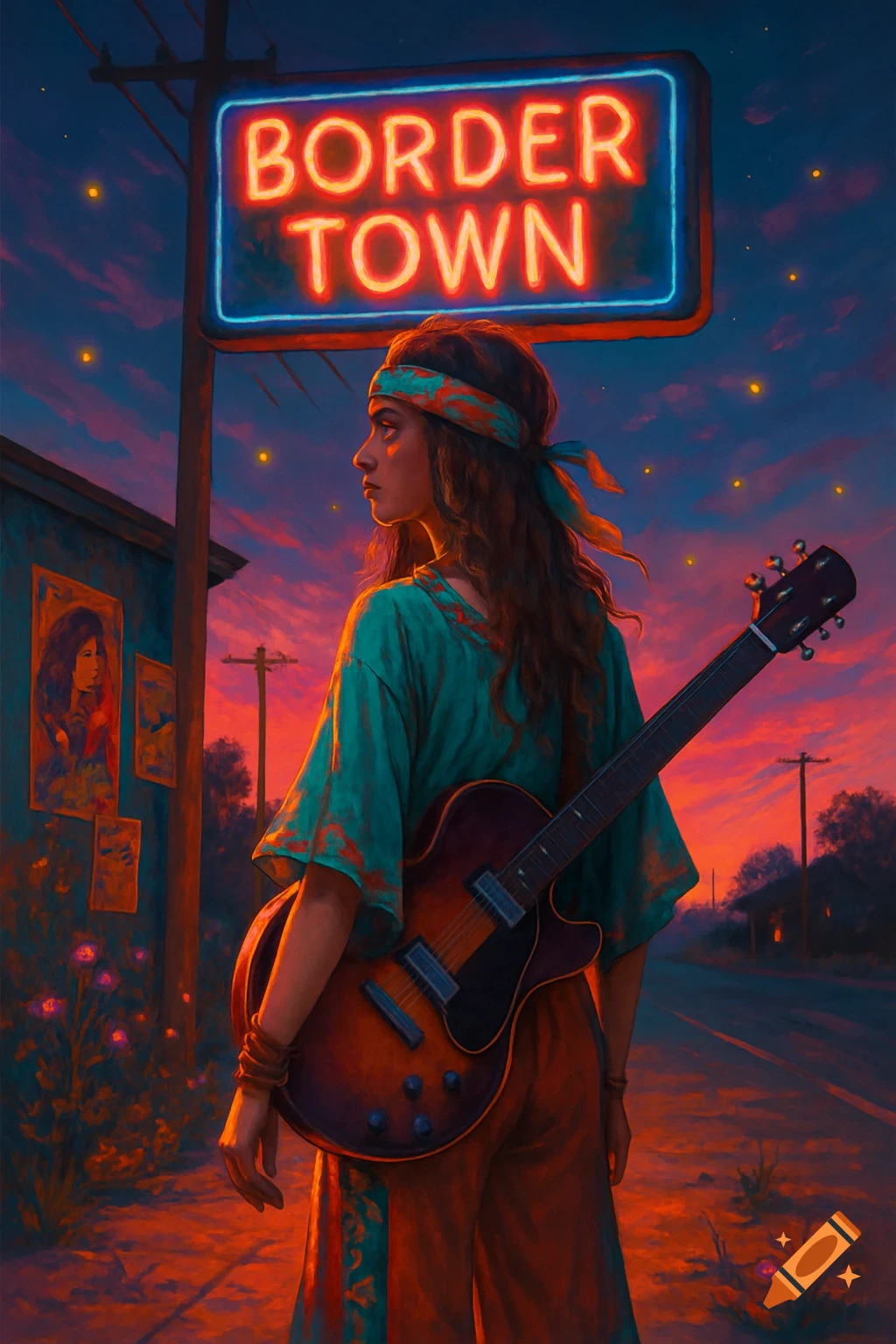 A woman with long hair and a headband holds an electric guitar, standing under a glowing neon sign that reads "BORDER TOWN" at sunset. The scene has a painterly style.