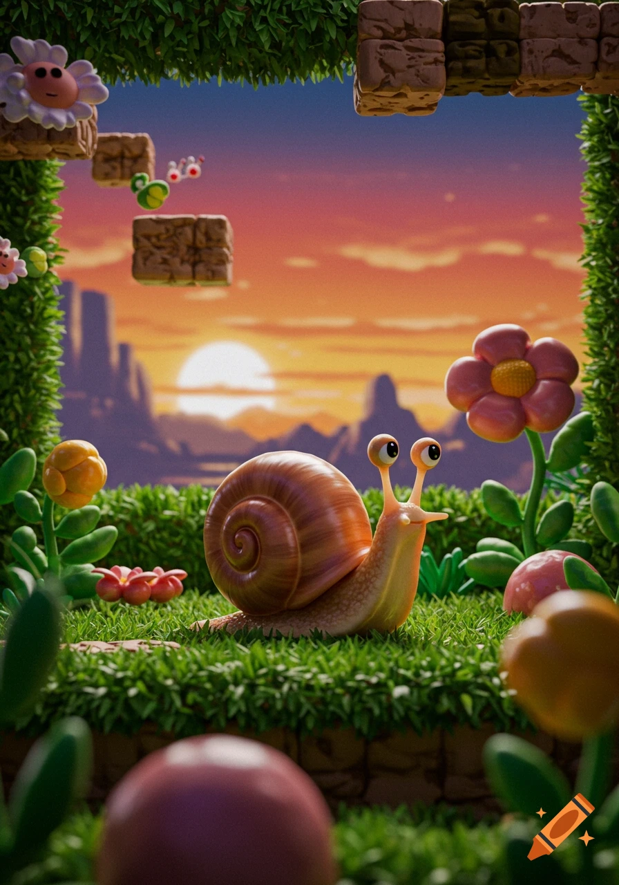 A cartoon snail on grass in a vibrant video game world with floating blocks, flowers with faces, and a sunset sky.