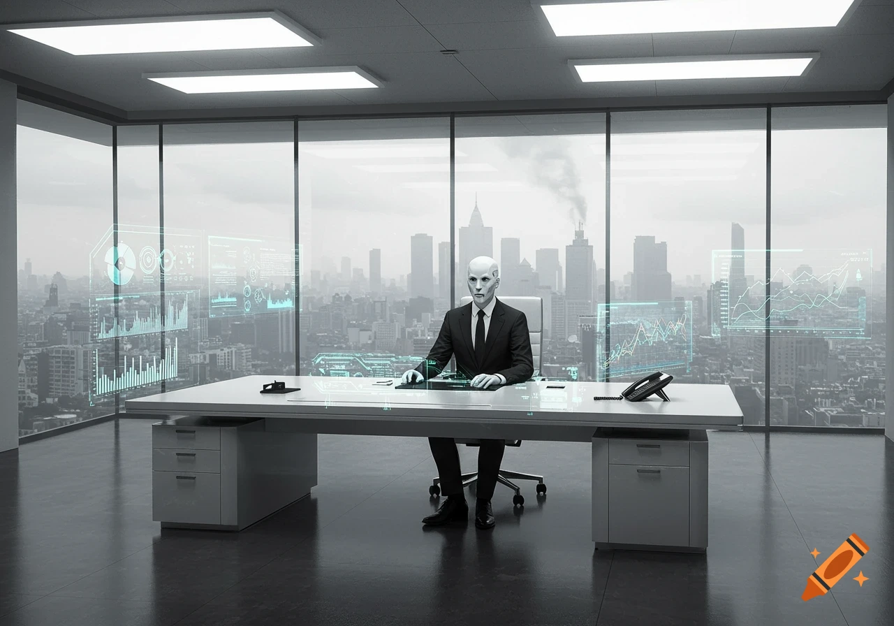 A pale man in a black suit sits at a desk in a modern office with holographic displays and a city view.