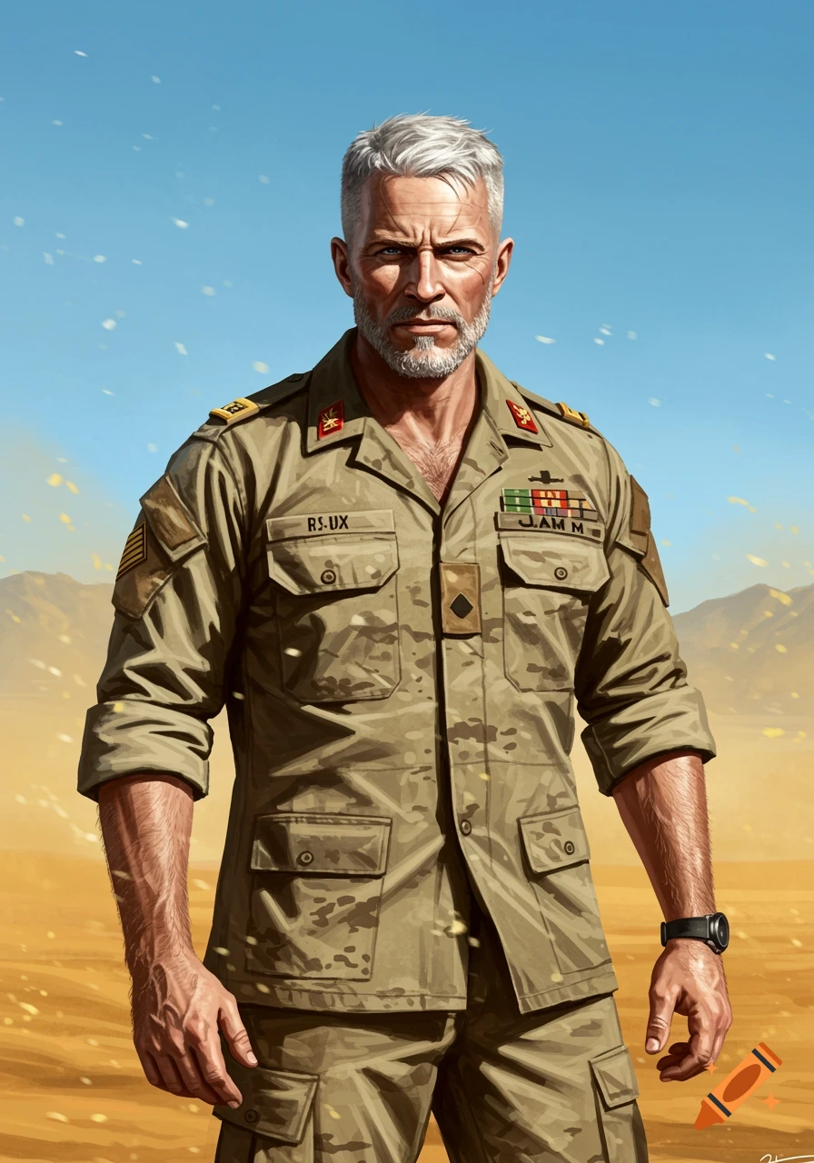 Handsome, tough 50-year-old man with white hair and beard in a desert military uniform, standing in a desert.