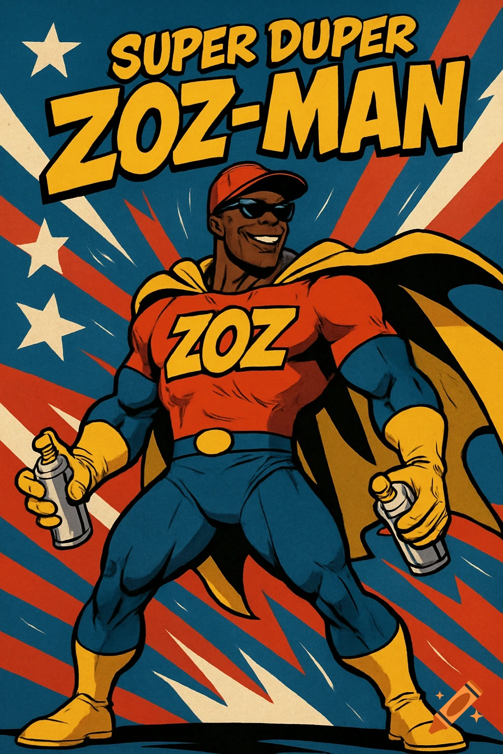 A muscular Black superhero, Zoz-Man, in a red, yellow, and blue suit, holding spray cans, in a comic book style. Text: SUPER DUPER ZOZ-MAN.