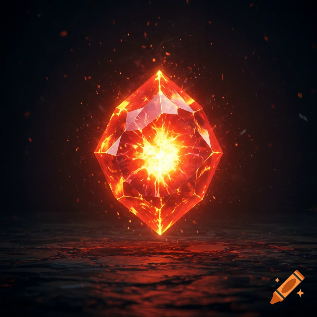 A faceted red gem glowing with intense orange and yellow fire, surrounded by sparks on a dark, textured surface.