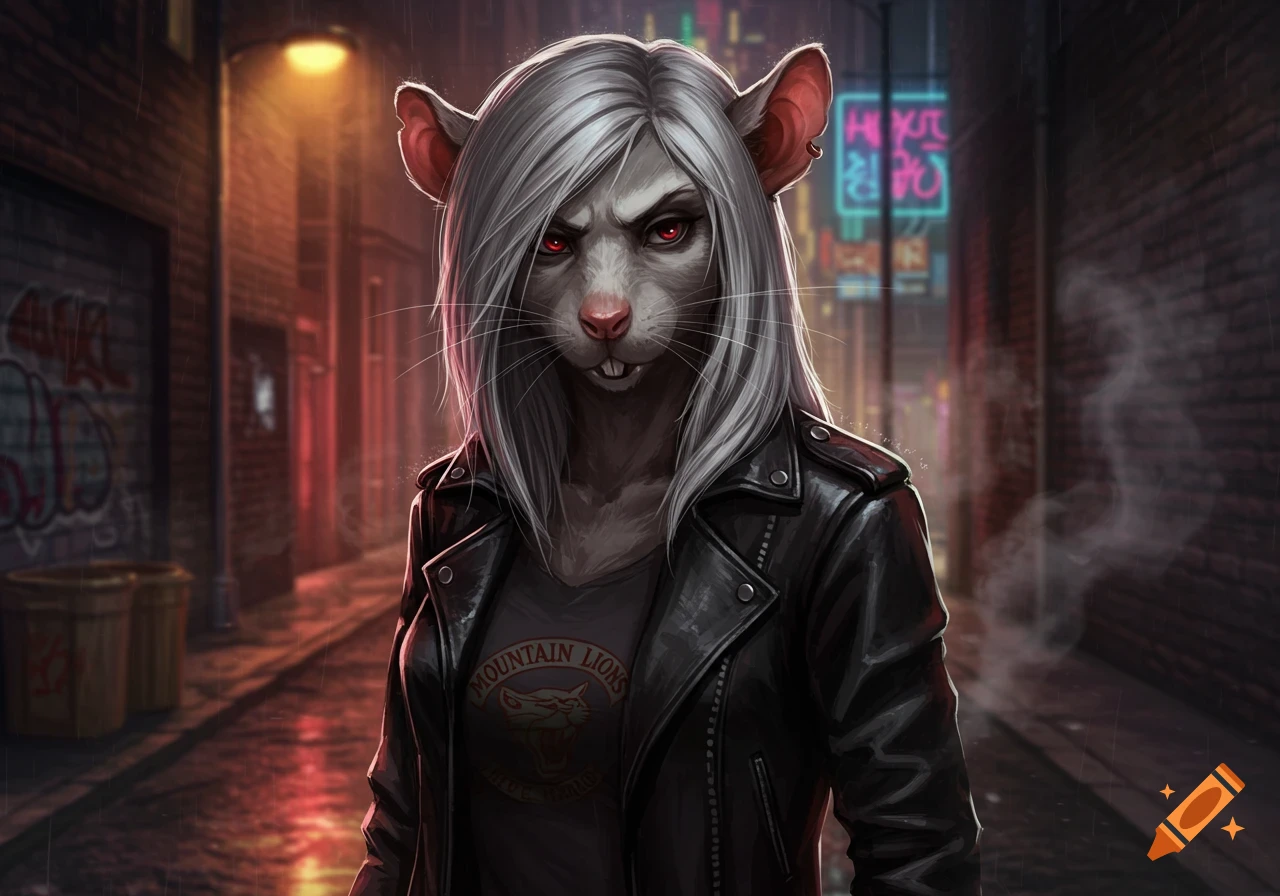 A humanoid rat woman with white hair and red eyes in a black leather jacket stands in a dark, rainy alley at night, digital art.
