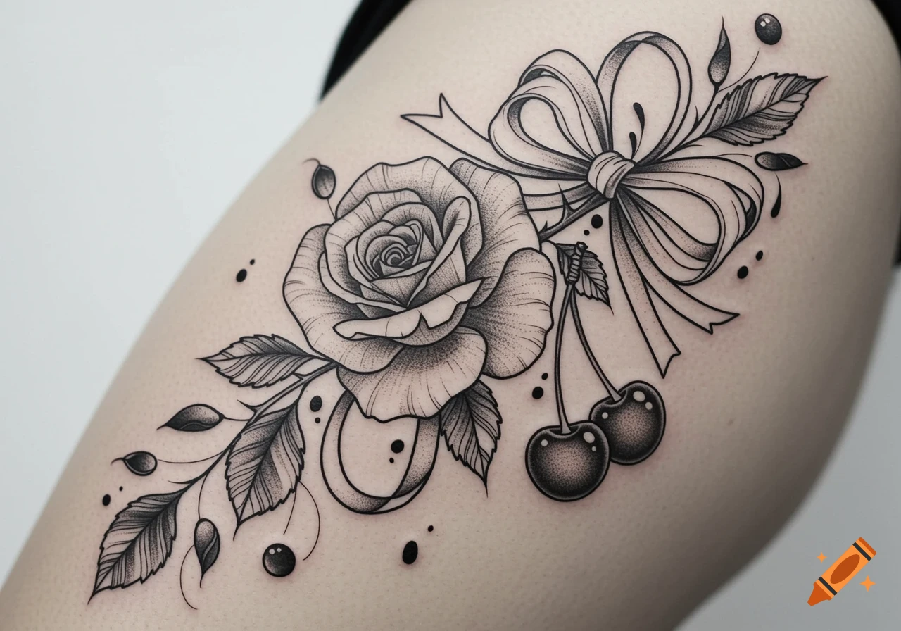 Black and white tattoo of a rose, a bow, and cherries with detailed line work and dot shading on skin.