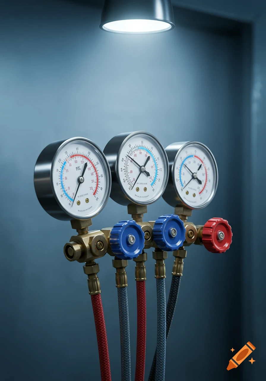 Three brass and chrome refrigeration gauges with blue and red knobs and colored hoses, under a bright overhead light.