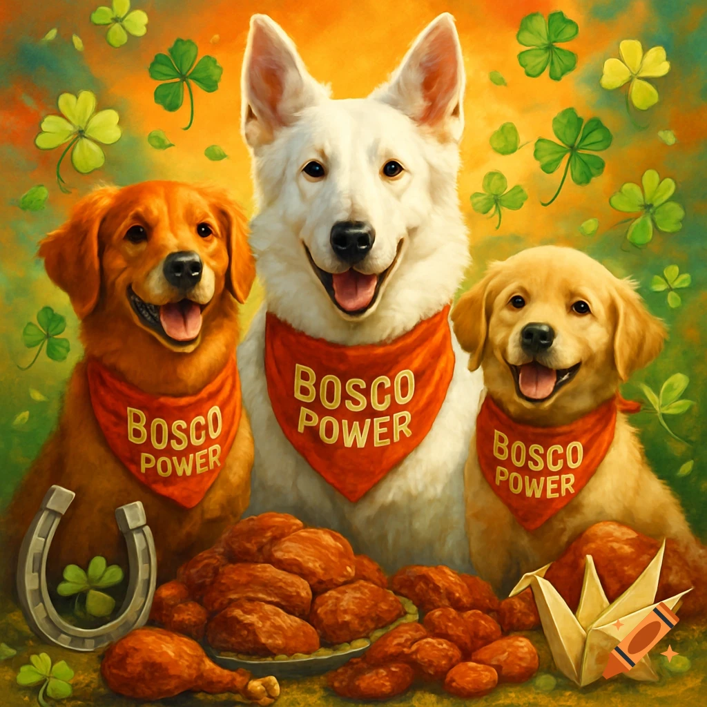 A painted image of three smiling dogs wearing red 'BOSCO POWER' bandanas, surrounded by clovers, a horseshoe, a paper crane, and cooked meats.