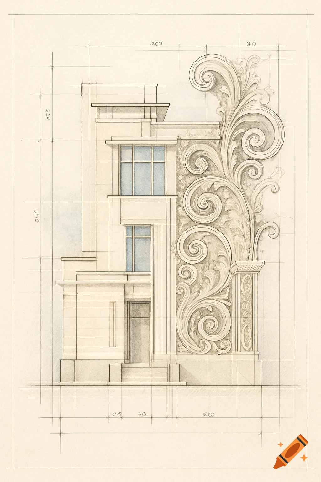 Detailed architectural drawing of a building facade with ornate floral designs on a grid background.