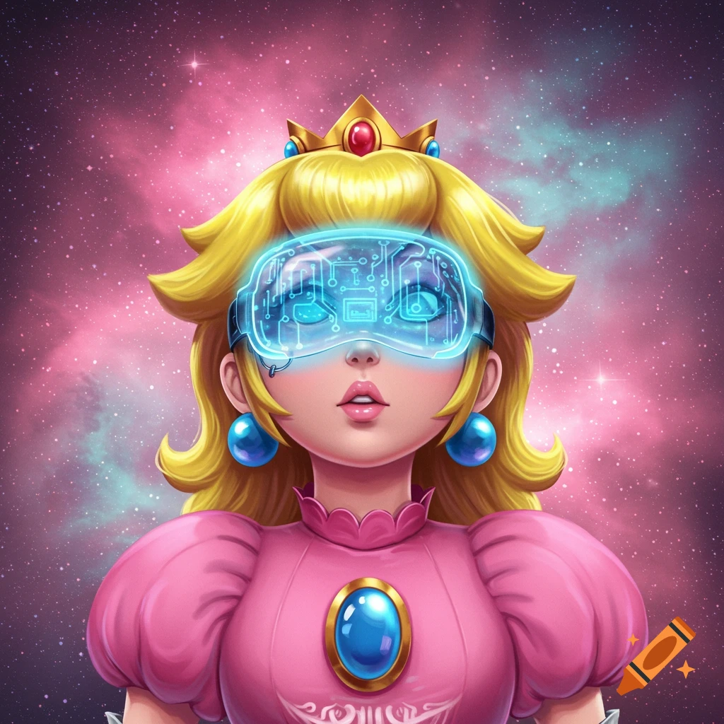 Princess Peach wearing a glowing blue futuristic VR visor against a vibrant pink and purple cosmic background.