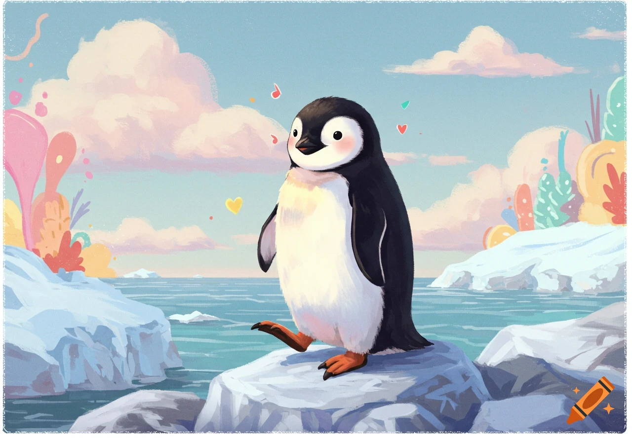 A cute cartoon penguin stands on a rock in a whimsical, colorful arctic landscape with pastel sky.