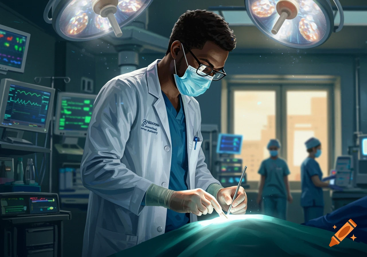 A male doctor in scrubs and a lab coat performs surgery under bright lights in an operating room, with other medical staff in the background.