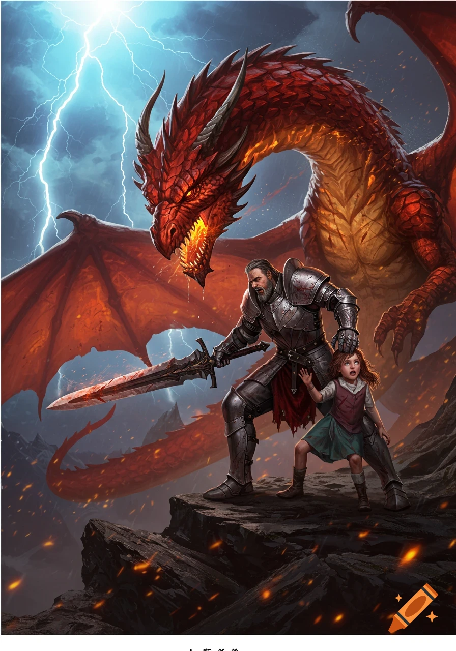 A warrior in armor defends a young girl from a large red dragon under a stormy, lightning-filled sky, amidst rocky terrain.
